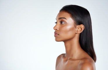 Profile, beauty and face for Indian woman, mockup and cosmetic or makeup. Cosmetology, spa and...