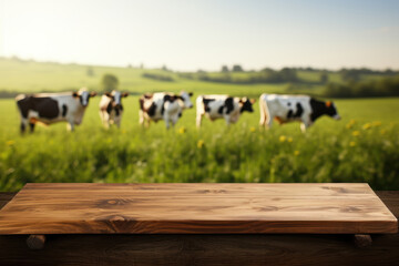 Empty wooden table top and blurred rural background of cows on green field and meadow with grass. Space for design your dairy product.