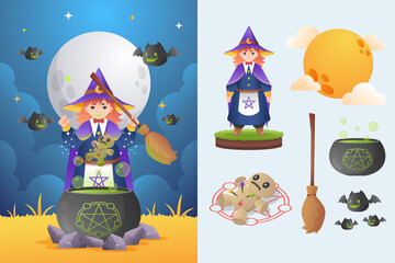 Hand drawn cartoon magic and witchcraft composition and icons set