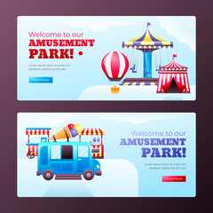 Amusement park flat cartoon banner set