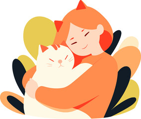 Vector illustration of a red-haired girl giving a big hug to her beloved white cat, love and affection symbol. Flat design.