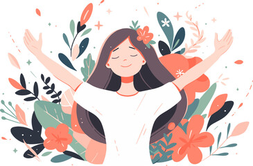 Vector illustration of a woman with arms raised, celebrating life, flowers and botanicals. Flat design.