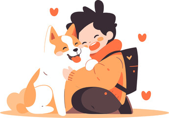 Vector illustration of a boy laughing with his dog. Loving pets, flat design.