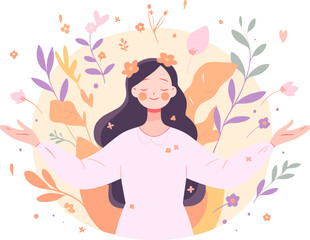 Vector illustration of a woman with a serene expression, arms open wide, in harmony with a flowers and leaves.