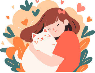Vector illustration of a girl with a big smile hugging her white cat, surrounded by hearts and foliage.