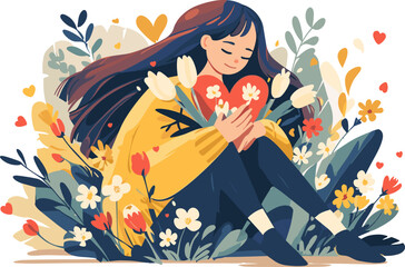 Vector illustration of a woman sitting and holding a heart, enveloped in colorful flowers, love and joy, spring or summer season symbol. Flat design.