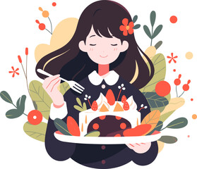 Vector illustration of a content woman enjoying a decadent fruit cake surrounded by nature elements