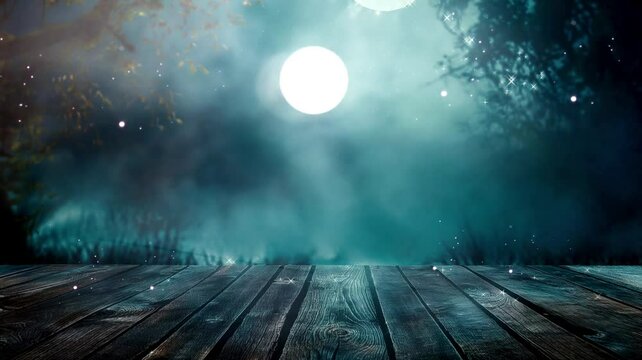 Dark empty wooden table with dramatic background during full moon
