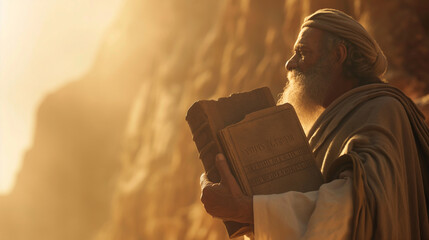 Moses holding the Ten Commandments with Mount Sinai blurred in the background. The natural light highlights the stone tablets. , natural light, soft shadows, with copy space