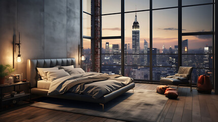 A loft-style bedroom with a modern platform bed overlooking a bustling cityscape through large...