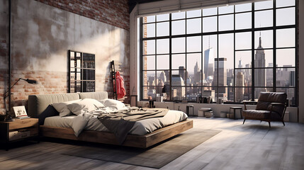 A loft-style bedroom with a modern platform bed overlooking a bustling cityscape through large windows
