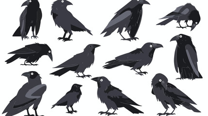Set of black Raven or Crow birds. Different poses. Ca