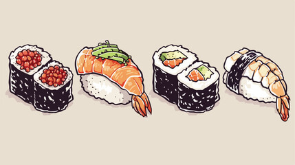 Four tasty sushi. Pixel art. Hand drawn trendy illust