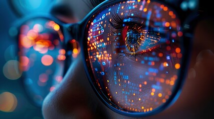 data reflecting on eyeglasses on man s face computrer programmer big data and ux designer conceptimage
