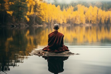 Pious Monk sitting lake. Holy reflection. Generate Ai