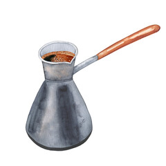 Turk for brewing coffee watercolor illustration. An image of a Turkish traditional coffee brewing device on an isolated background.