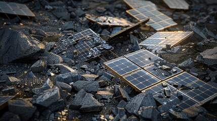 End of life solar panels. difficult to recycle renewable energy hardware. broken equipment. hyper realistic  - obrazy, fototapety, plakaty