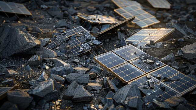 End of life solar panels. difficult to recycle renewable energy hardware. broken equipment. hyper realistic 
