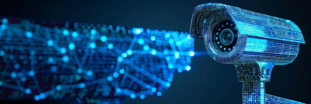 digital CCTV camera  with binary code, the integration of ai into surveillance systems, facial recognition algorithms, object tracking mechanisms, threat detection for enhanced security monitoring.
