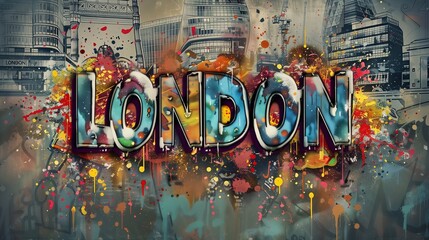 LONDON in colorful spray stain word art in grafity style