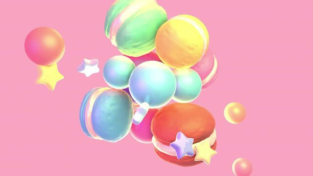 Cartoon colorful macarons, stars, and balls colliding with each other animation.