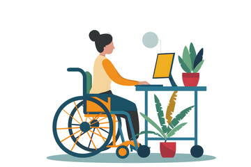  A flat illustration of a woman in a wheelchair working on a laptop computer, in a white background