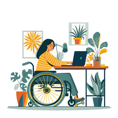 A woman in a wheelchair working on a laptop,  in style of digital illustration, in a white background