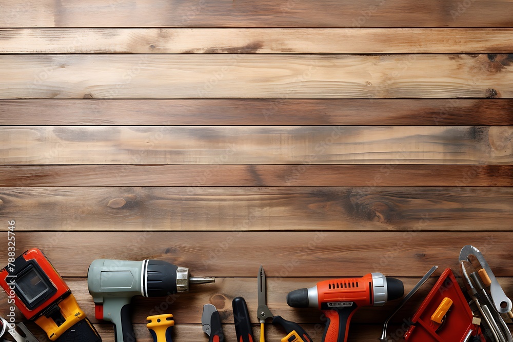 Wall mural Variety of tools on wooden table. Top view with copy space