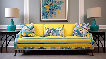 A patterned sofa adding a pop of color to a neutral-toned living space