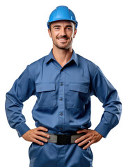 technical man wear blue uniform in white background