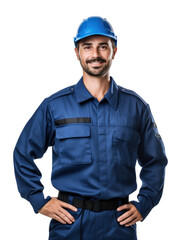 technical man wear blue uniform in white background