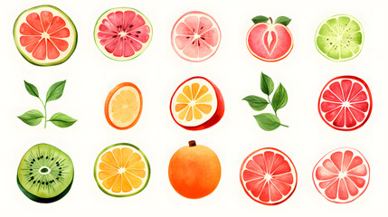 Assorted Watercolor Citrus Fruits and Leaves Illustration
