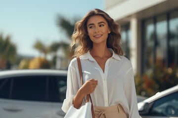 beautiful young woman in white blouse and beige skirt walking on street