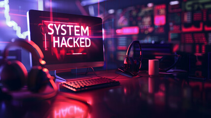 Cybersecurity breach warning with SYSTEM HACKED alert on a computer screen in a dark office environment, symbolizing internet safety threats - obrazy, fototapety, plakaty