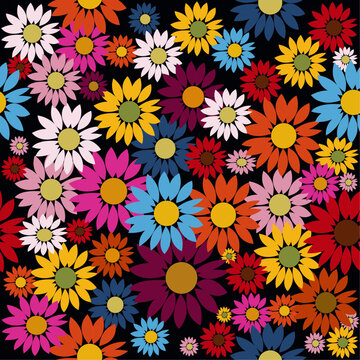 Seamless vector floral pattern. Spring, summer blossom flower garden design. Printing with different colorful flowers illustration on black background