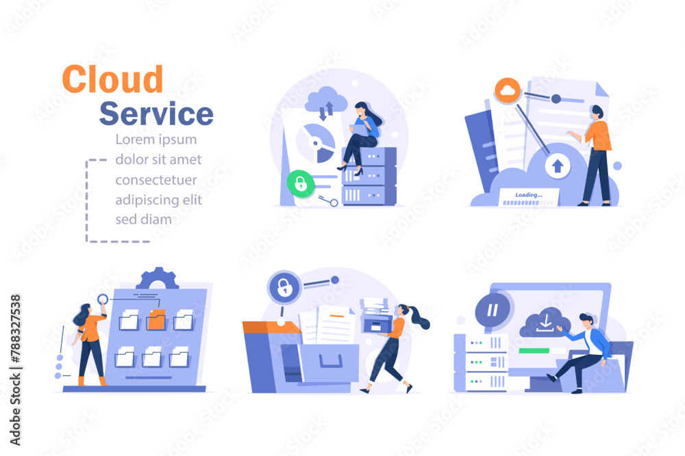 Poster big data and cloud computing,actionable data concept,business characters using remote servers to ana