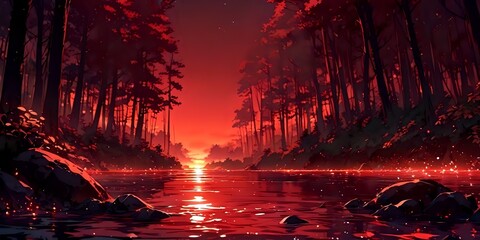 Lake landscape, red background, anime background, digital art, illustration