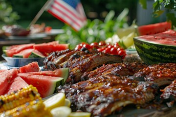 plate featuring ribs, corn, watermelon, and an American flag. American cuisine, Food and drinks for the summer patriotic holidays USA Independence Day