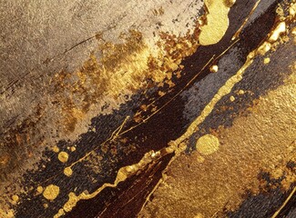 Abstract textured background with metallic gold and dark brown splashes on a rough surface.