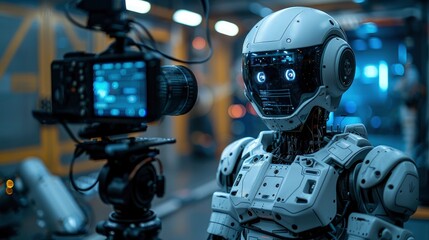 advanced humanoid robot filmmaker demonstrating sora text to video ai model in a high tech videography studio setting with camera equipment soraphoto illustration