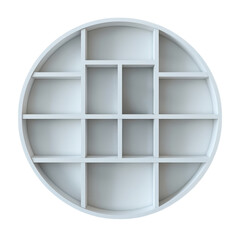 3D rendering of a white round shelf with 12 compartments on a transparent background