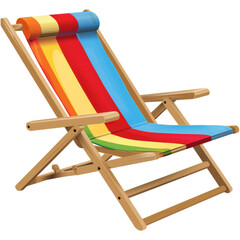 A beach chair with a rainbow-colored seat and a wooden frame