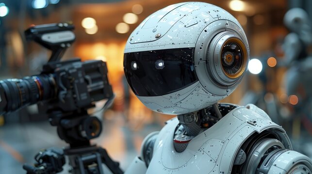 advanced humanoid robot filmmaker demonstrating sora text to video ai model in a high tech videography studio setting with camera equipment soraimage