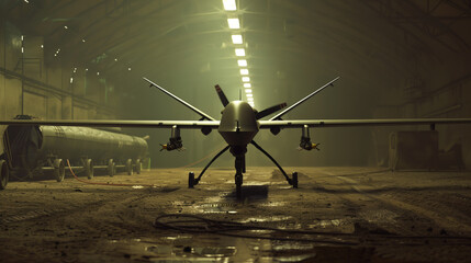 A modern stylish military combat UAV is parked in the hangar. Preparing a drone for a military attack.