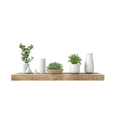 A wooden shelf with a variety of plants and vases on it.