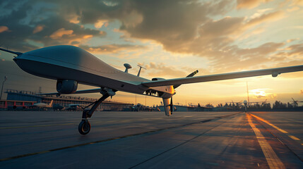 Stylish modern white military combat drone on the runway at sunset. The sky is overcast, the sun is setting