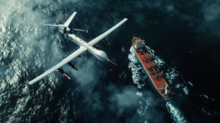 A military combat UAV with missiles flies over a large ship in the ocean. A drone attack on a naval vessel at sea.