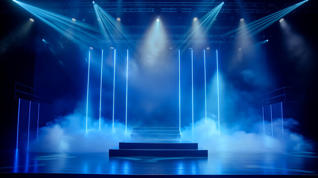Stage lights, spotlight beams with smoke, glowing studio or theater scene lamp rays on a black background, illumination on the floor, for concert or show presentation