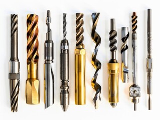 An array of precision carbide tools, including a spiral cutter and a detailed reamer, isolated for engineering and manufacturing professionals  - obrazy, fototapety, plakaty