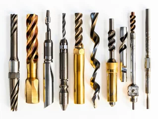 Fotobehang An array of precision carbide tools, including a spiral cutter and a detailed reamer, isolated for engineering and manufacturing professionals  © Johannes